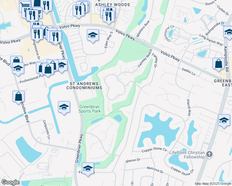 map of restaurants, bars, coffee shops, grocery stores, and more near 1022 Shoal Creek Trail in Chesapeake