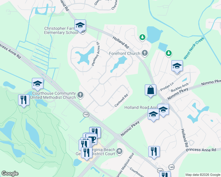 map of restaurants, bars, coffee shops, grocery stores, and more near 2013 Plowshares Court in Virginia Beach
