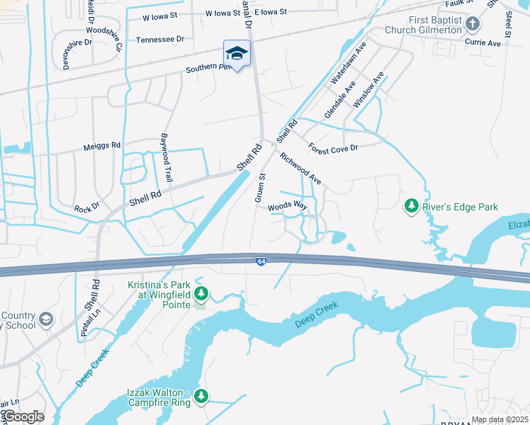 map of restaurants, bars, coffee shops, grocery stores, and more near 1205 Woods Way in Chesapeake