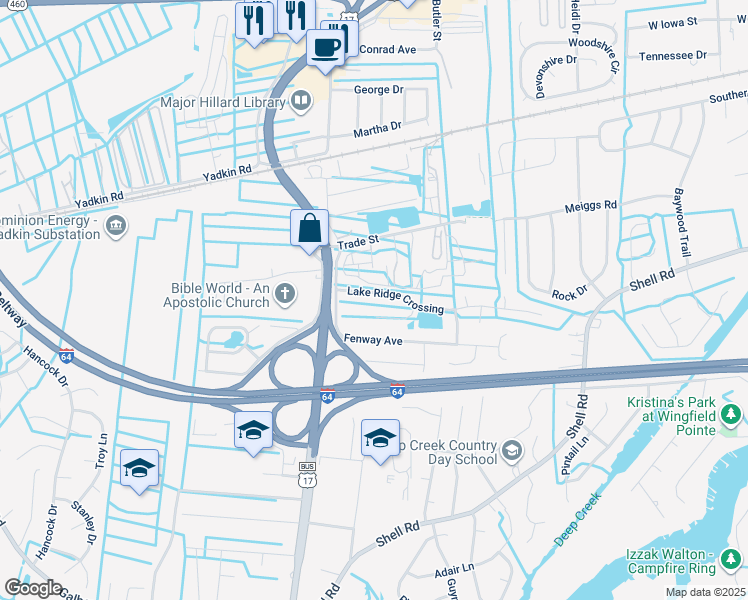 map of restaurants, bars, coffee shops, grocery stores, and more near 2729 Lake Ridge Crossing in Chesapeake
