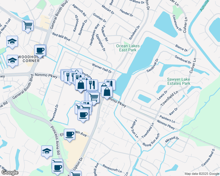 map of restaurants, bars, coffee shops, grocery stores, and more near 1916 Upton Drive in Virginia Beach