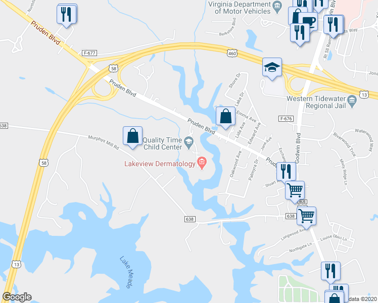 map of restaurants, bars, coffee shops, grocery stores, and more near 2008 Meade Parkway in Suffolk