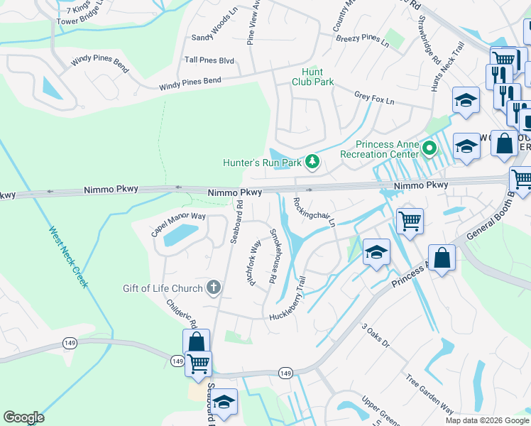 map of restaurants, bars, coffee shops, grocery stores, and more near 2405 Hayloft Lane in Virginia Beach
