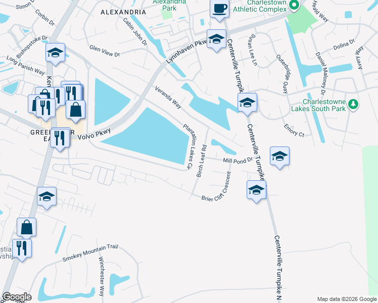 map of restaurants, bars, coffee shops, grocery stores, and more near 1309 Plantation Lakes Circle in Chesapeake