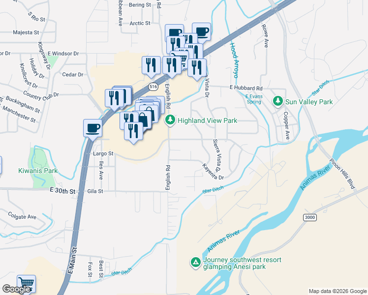 map of restaurants, bars, coffee shops, grocery stores, and more near 4908 Poquita Street in Farmington