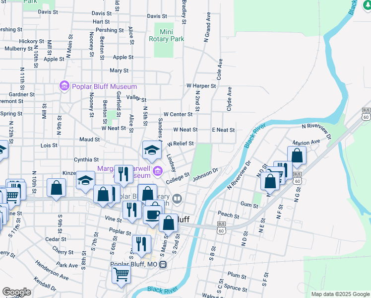 map of restaurants, bars, coffee shops, grocery stores, and more near 215 Euclid Avenue in Poplar Bluff