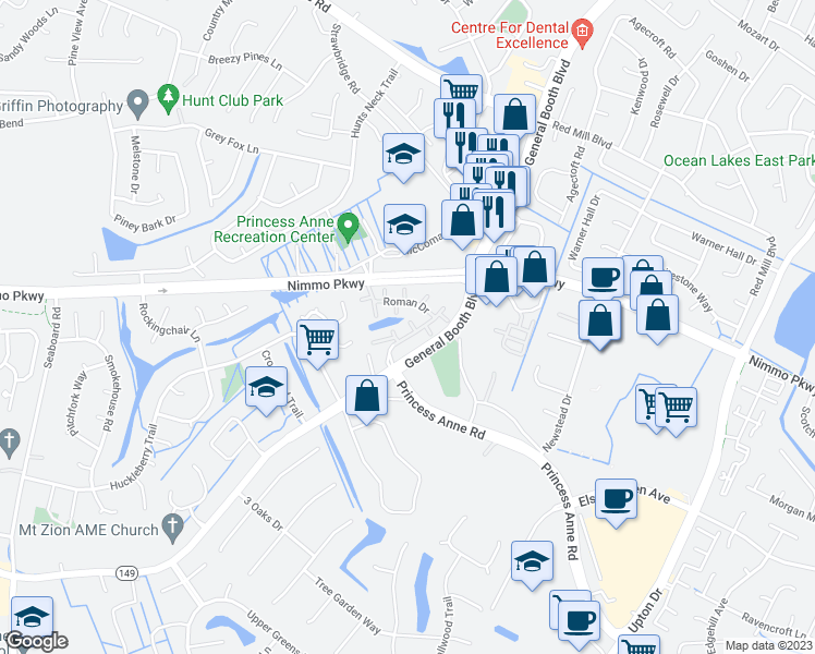 map of restaurants, bars, coffee shops, grocery stores, and more near 2110 Portofino Court in Virginia Beach