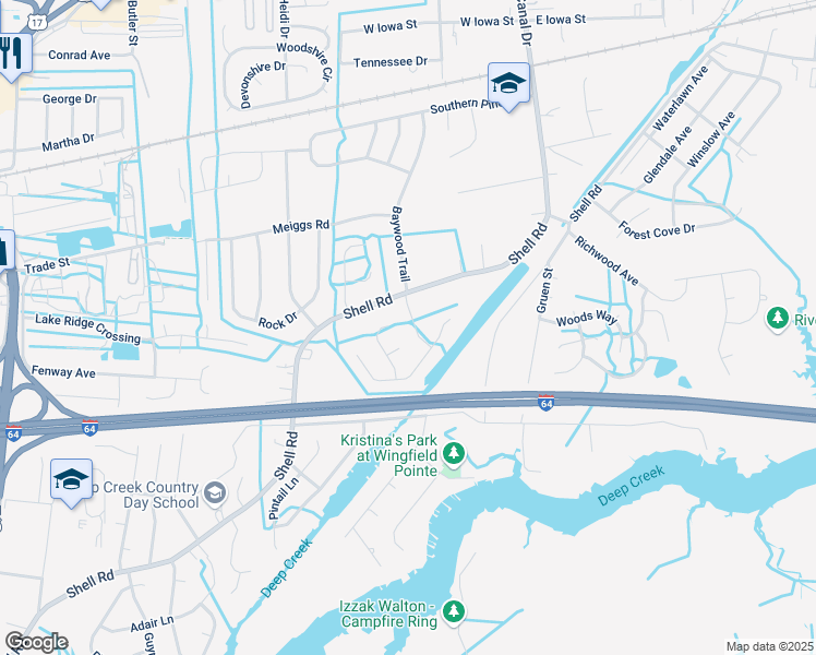 map of restaurants, bars, coffee shops, grocery stores, and more near 916 Landing Creek Drive in Chesapeake