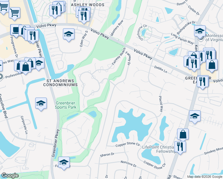 map of restaurants, bars, coffee shops, grocery stores, and more near 1220 Fairway Drive in Chesapeake