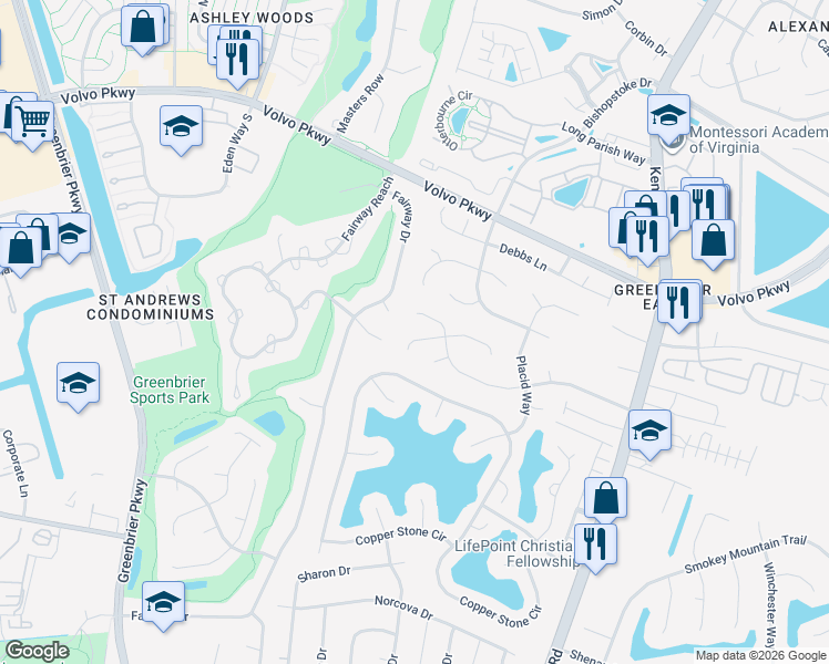 map of restaurants, bars, coffee shops, grocery stores, and more near 1310 Danielle Court in Chesapeake