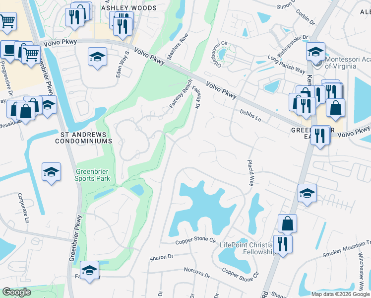 map of restaurants, bars, coffee shops, grocery stores, and more near 1302 Sand Wedge Court in Chesapeake