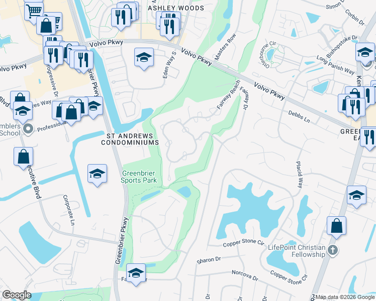map of restaurants, bars, coffee shops, grocery stores, and more near 1051 Shoal Creek Trail in Chesapeake