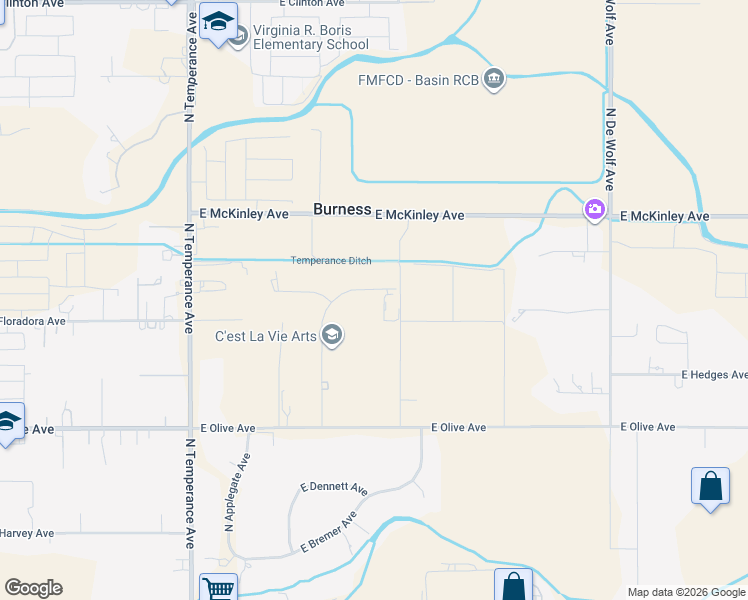 map of restaurants, bars, coffee shops, grocery stores, and more near 7419 East Pine Avenue in Fresno