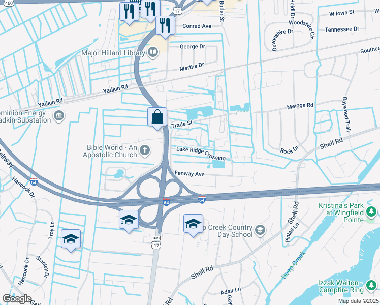 map of restaurants, bars, coffee shops, grocery stores, and more near 2729 Lake Ridge Crossing in Chesapeake