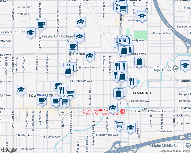 map of restaurants, bars, coffee shops, grocery stores, and more near 1427 North San Pablo Avenue in Fresno