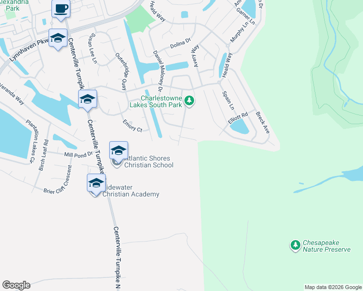 map of restaurants, bars, coffee shops, grocery stores, and more near 1116 Kinderly Lane in Chesapeake