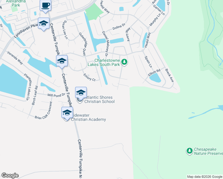 map of restaurants, bars, coffee shops, grocery stores, and more near 1121 Kinderly Lane in Chesapeake