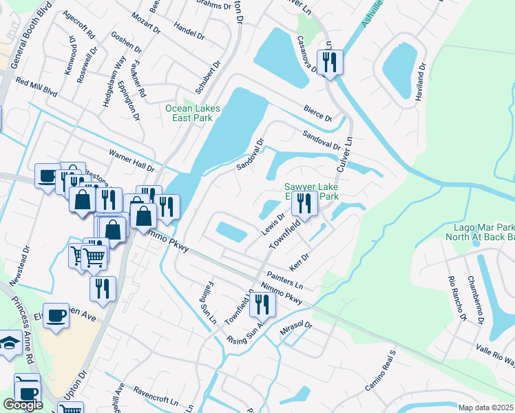 map of restaurants, bars, coffee shops, grocery stores, and more near 977 Gideon Road in Virginia Beach
