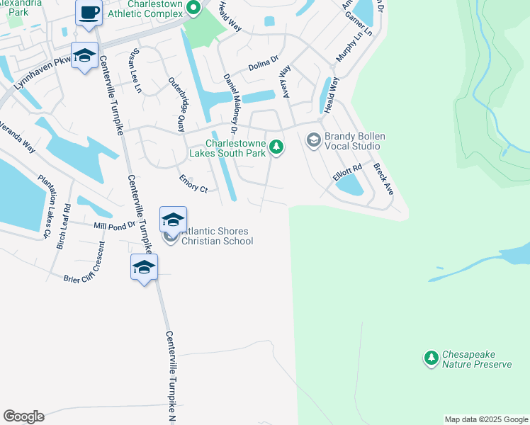 map of restaurants, bars, coffee shops, grocery stores, and more near 1116 Kinderly Lane in Chesapeake