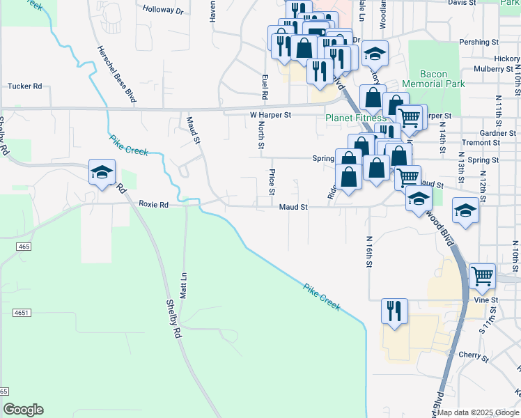 map of restaurants, bars, coffee shops, grocery stores, and more near 1844 Maud Street in Poplar Bluff