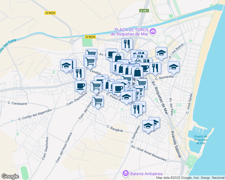 map of restaurants, bars, coffee shops, grocery stores, and more near 45 Calle la Molina in Roquetas de Mar