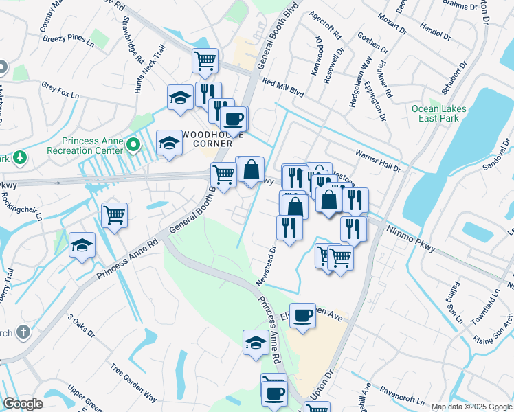 map of restaurants, bars, coffee shops, grocery stores, and more near 1312 Glen Burnie Court in Virginia Beach