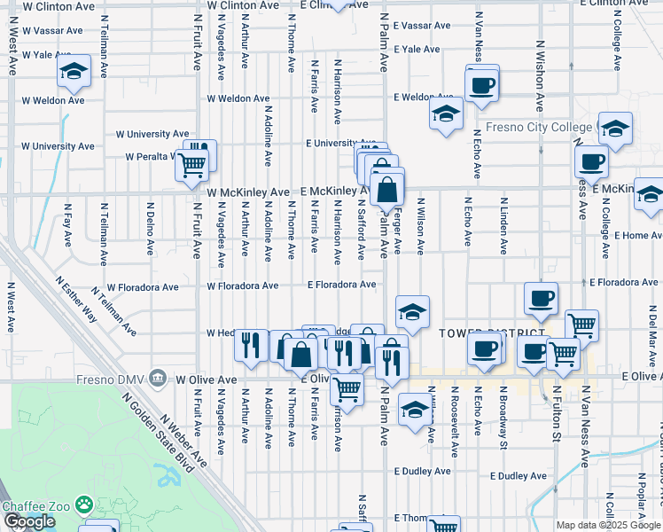 map of restaurants, bars, coffee shops, grocery stores, and more near 1441 North Harrison Avenue in Fresno