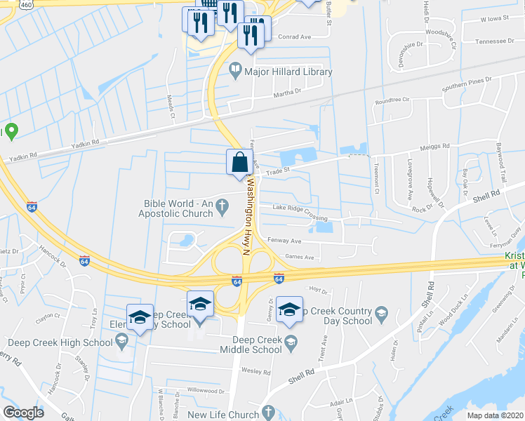 map of restaurants, bars, coffee shops, grocery stores, and more near 2747 Lake Ridge Crossing in Chesapeake