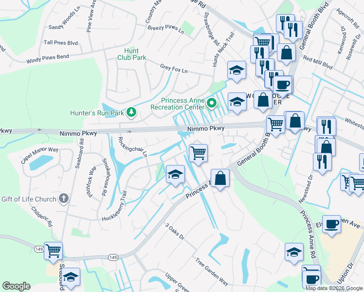 map of restaurants, bars, coffee shops, grocery stores, and more near 2252 Huckleberry Trail in Virginia Beach