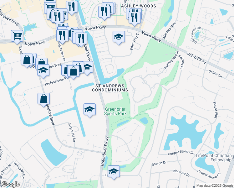 map of restaurants, bars, coffee shops, grocery stores, and more near 1008 Saint Andrews Way in Chesapeake