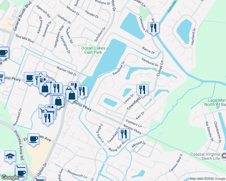 map of restaurants, bars, coffee shops, grocery stores, and more near 2132 Oaklawn Court in Virginia Beach