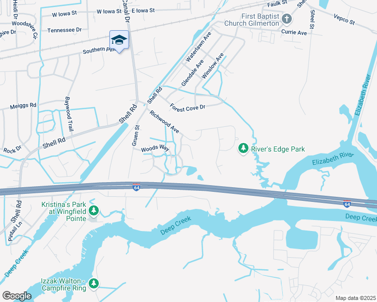 map of restaurants, bars, coffee shops, grocery stores, and more near 1311 Pinecroft Lane in Chesapeake