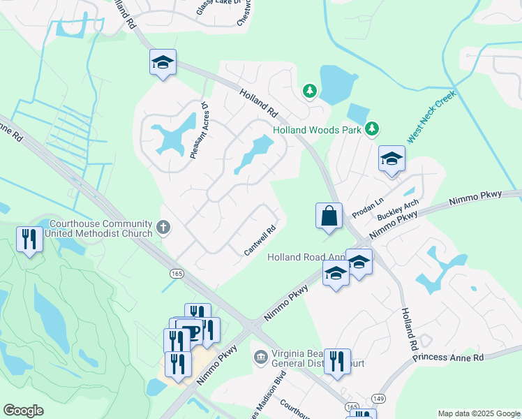 map of restaurants, bars, coffee shops, grocery stores, and more near 2625 Cantwell Road in Virginia Beach