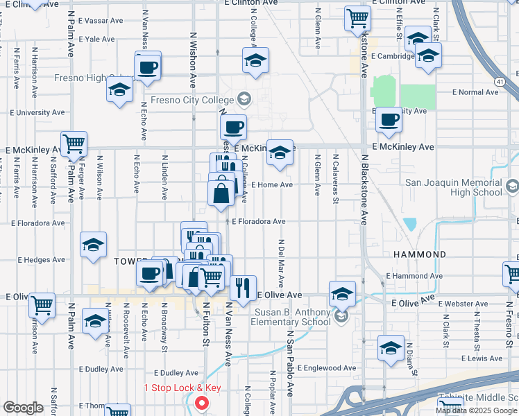 map of restaurants, bars, coffee shops, grocery stores, and more near 1432 North College Avenue in Fresno