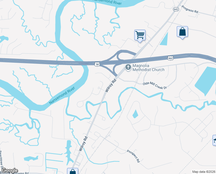 map of restaurants, bars, coffee shops, grocery stores, and more near 1645 Wilroy Road in Suffolk