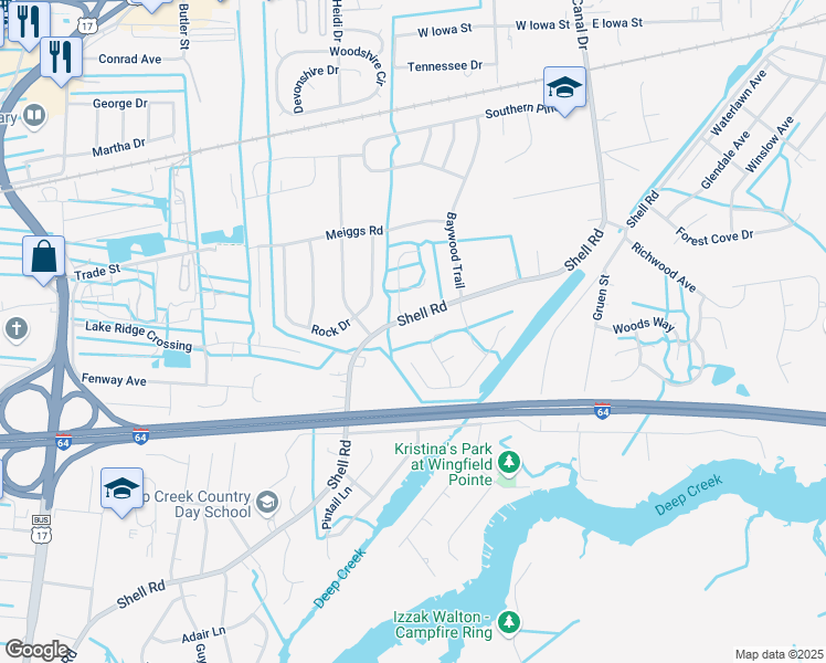 map of restaurants, bars, coffee shops, grocery stores, and more near 917 Shell Rd in Chesapeake