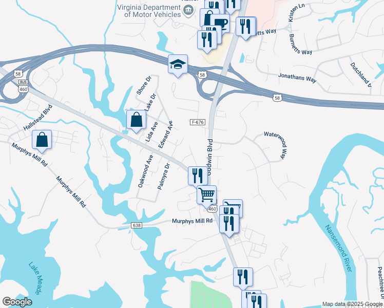 map of restaurants, bars, coffee shops, grocery stores, and more near 110 Jordan Avenue in Suffolk