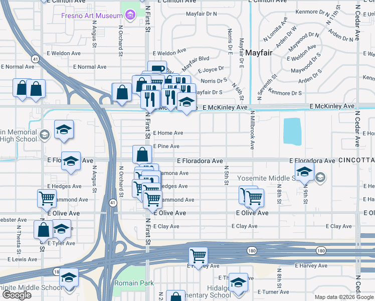 map of restaurants, bars, coffee shops, grocery stores, and more near 3302 East Pine Avenue in Fresno