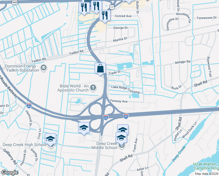 map of restaurants, bars, coffee shops, grocery stores, and more near 2747 Lake Ridge Crossing in Chesapeake