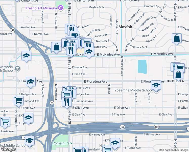 map of restaurants, bars, coffee shops, grocery stores, and more near 3422 East Pine Avenue in Fresno
