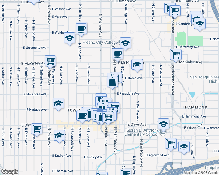 map of restaurants, bars, coffee shops, grocery stores, and more near 1444 North Wishon Avenue in Fresno