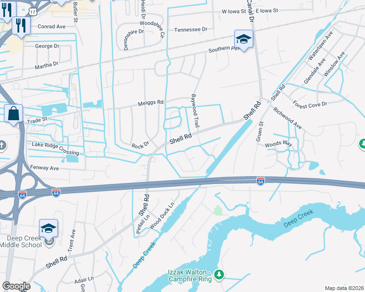 map of restaurants, bars, coffee shops, grocery stores, and more near 917 Shell Road in Chesapeake