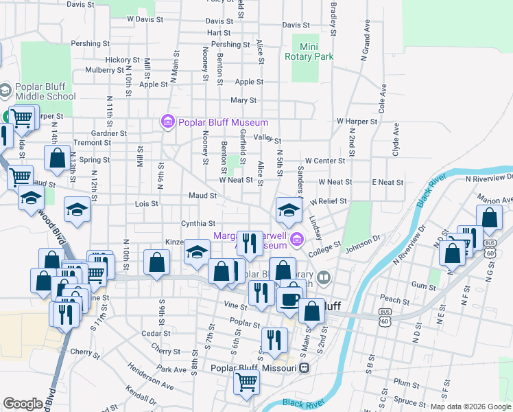 map of restaurants, bars, coffee shops, grocery stores, and more near 515 North Main Street in Poplar Bluff
