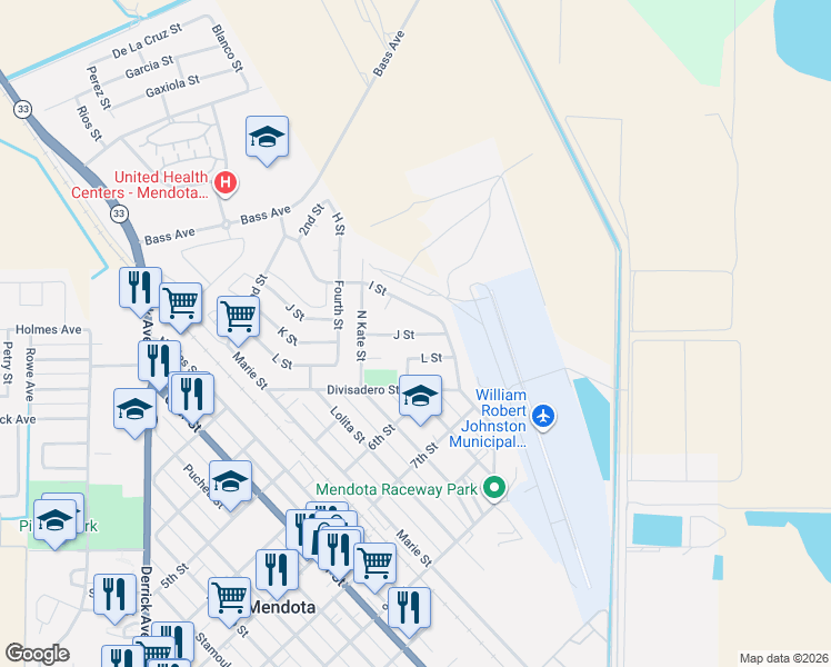 map of restaurants, bars, coffee shops, grocery stores, and more near 585 J Street in Mendota