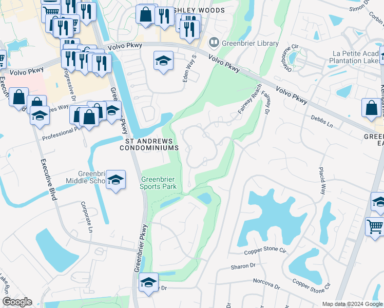 map of restaurants, bars, coffee shops, grocery stores, and more near 936 Shoal Creek Trail in Chesapeake