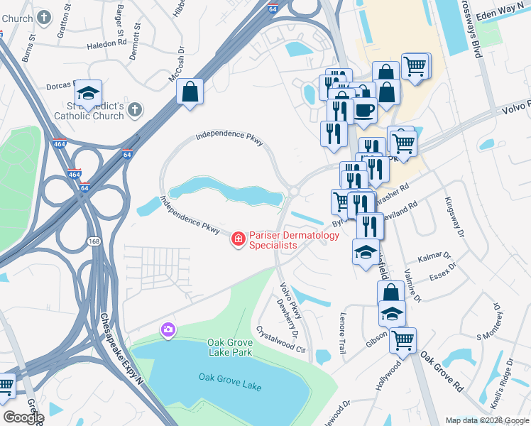 map of restaurants, bars, coffee shops, grocery stores, and more near 501 Independence Parkway in Chesapeake