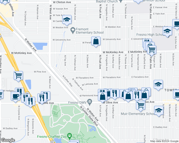 map of restaurants, bars, coffee shops, grocery stores, and more near 1450 North Delno Avenue in Fresno