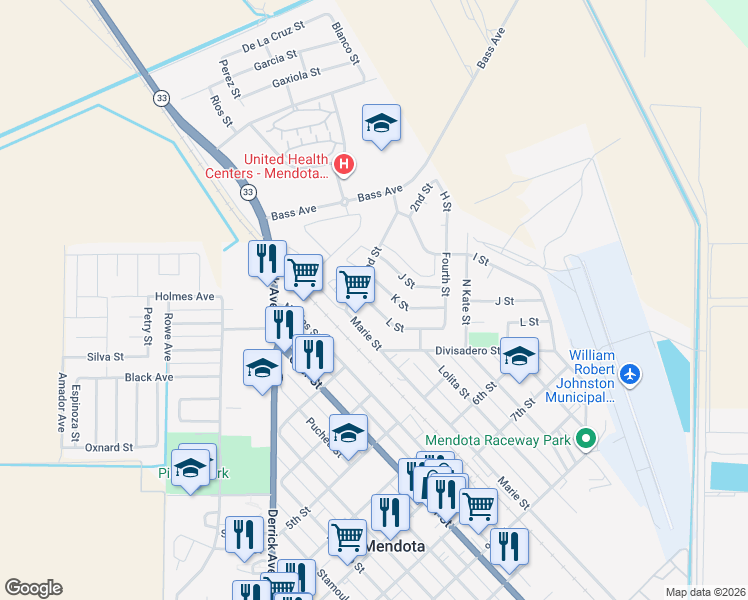map of restaurants, bars, coffee shops, grocery stores, and more near 231 L Street in Mendota