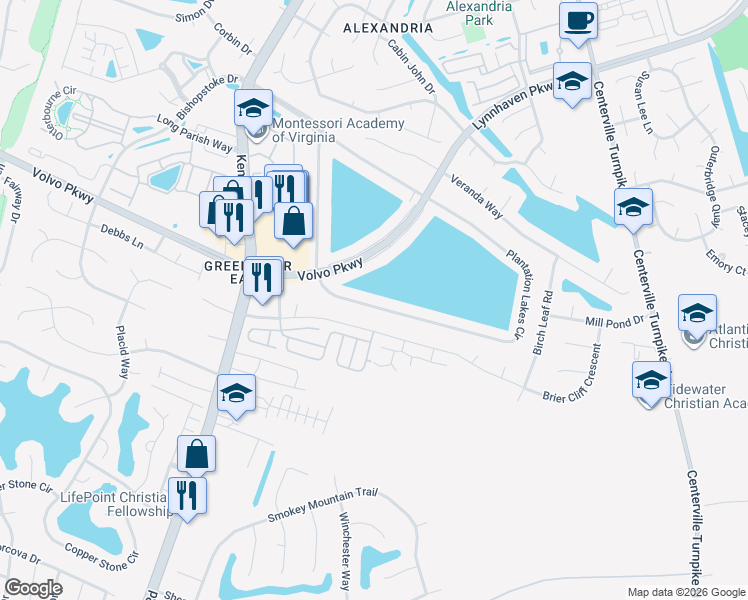 map of restaurants, bars, coffee shops, grocery stores, and more near 1435 Plantation Lakes Circle in Chesapeake