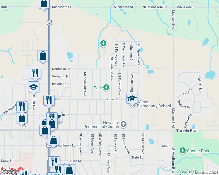 map of restaurants, bars, coffee shops, grocery stores, and more near 323 NE Elmhurst Ave in Bartlesville